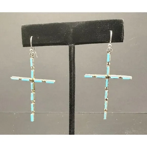 VINTAGE NATIVE AMERICAN TURQUOISE STERLING SILVER CROSS EARRINGS - Picture 2 of 6